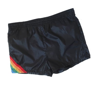 vintage short / rainbow shorts / 1980s black rainbow Hawaii nylon swim athletic draw string liner shorts Medium 