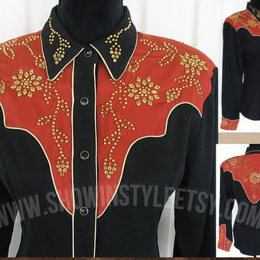Kippy's Vintage Retro Women's Cowgirl Western Shirt, Rodeo Queen Blouse, Gold Trim Work with Rhinestones, Tag Size Medium (see meas. photo) 