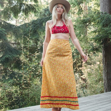 70s Calico Prairie skirt / Boho Yellow Floral Maxi Skirt - Large/ Rick Rack Country Western Skirt / Vintage Folk Skirt 