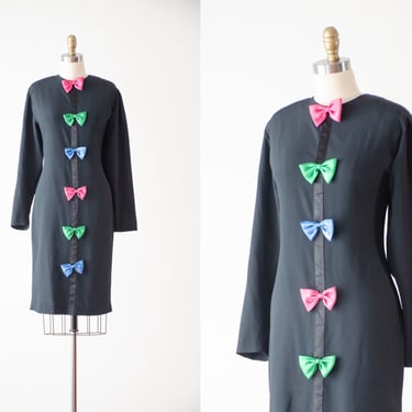short black dress | 80s 90s vintage pink green blue bow long sleeve sheath party cocktail dress 
