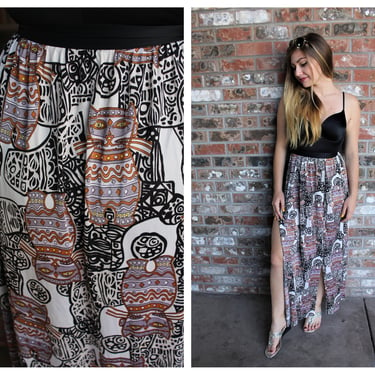 Vintage 60's 70's Mod Plum Black Egyptian Kitty Cat Mod Graphic Maxi Skirt Unique Print Novelty 