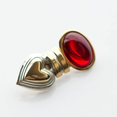 Vintage 1980s Heart and Red Cabochon Brooch Pin 