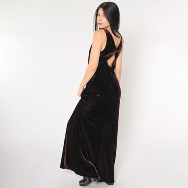 90s Brown Velvet Dress Keyhole Back Maxi Dress Goth Velour Party Dress Sleeveless Shift Going Out Dress 1990s Peekaboo Vintage Medium 8 