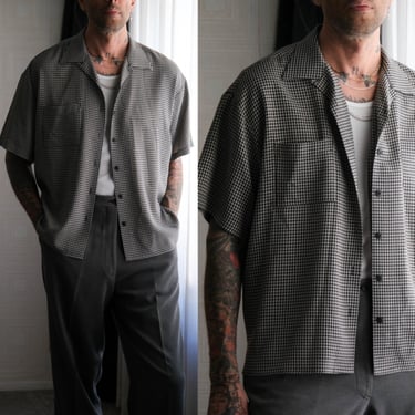 Vintage 90s J. Ferrar Black & White Textured Micro Plaid Rayon Loop Collar Shirt | 1990s Does 1950s Designer Loop Camp Collar Mens Shirt 