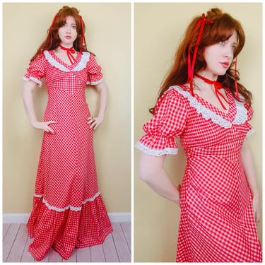 1970s Vintage Jody T Smocked Bust Prairie Dress / 70s Red Gingham Eyelet Puffed Sleeve Western Gown / Medium 