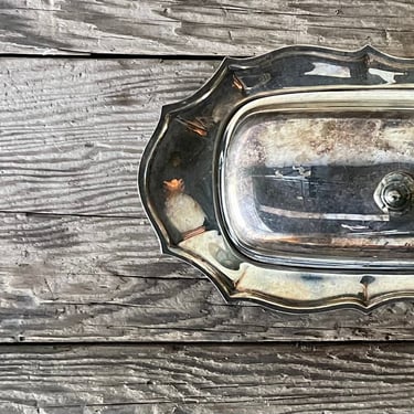 Antique Silver Ornate Butter Dish with Glass Insert | Scalloped Scrolled | Silver Set | Serving | Tarnished | Silver Plate | Vintage Butter 