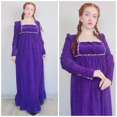 1970s Vintage Purple Corduroy Velvet Empire Waist Dress / 70s / Seventies Romantic Balcony Regency Dress / Size Medium - Large 