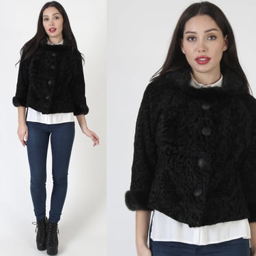Cropped Real Persian Lamb Fur Coat / Natural Black Mink Jacket / Vintage 60s Broadtail Short Princess Overcoat 