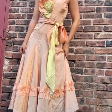 Vintage 1930s Taffeta Fairy Flower Art Deco Peach Dress Gown XS Small by TimeBa