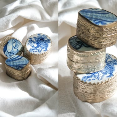 Vintage Decorative Silver W/ Blue & White Porcelain Keepsake Box Set | Set of Three | Jewelry, Bohemian Decor, Gift Boxes 