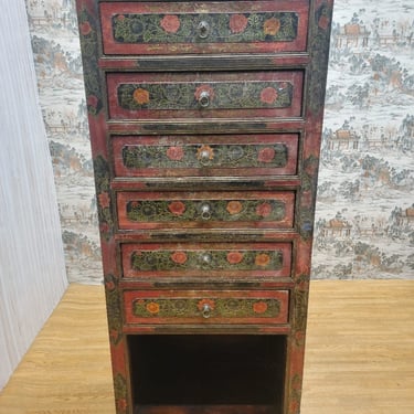 Antique Hand Painted Tibetan Cabinet with Drawers and Display Shelf