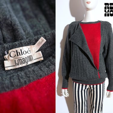 Chloe Vintage Early 80s Chic Gray Red Statement Sweater 