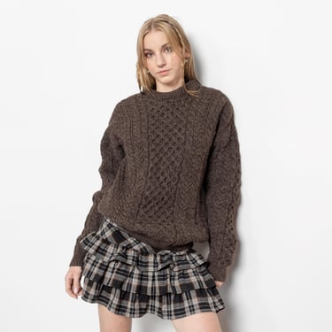 BROWN IRISH WOOL Cable Knit Sweater Jumper Knitwear Fall Winter / Medium Large 