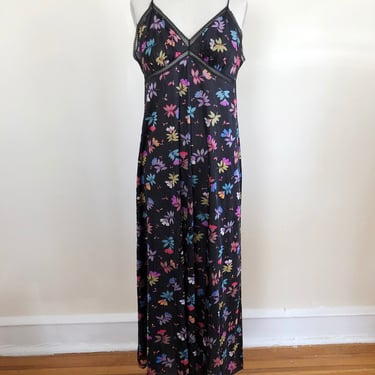 Black Floral Print Maxi-Slip/Nightgown - 1970s 