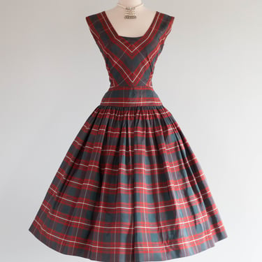 Spectacular 1950's Herbert Sondheim Red & Green Tartan Plaid Silk Party Dress / Sm