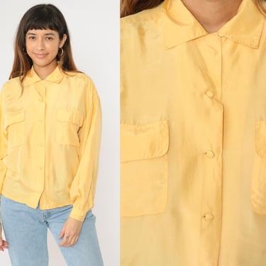 90s Silk Shirt Yellow Button Up Shirt Long Sleeve Blouse 1990s Oversized Vintage Collared Button Down Chest Pocket Small S 