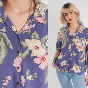 Purple Hawaiian Shirt 90s Tropical Floral Blouse Button Up Top Retro Summer Short Sleeve Hibiscus Flower Leaf Print Casual 1990s Vintage XL 