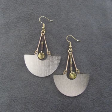 Large gold and brown hematite mid century modern Brutalist earrings 
