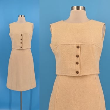 Vintage 60s Cream Sleeveless Mod Shift Dress - Small Sixties Knubby Knit Dress 
