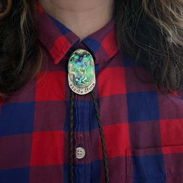 Handmade Abalone Bolo Tie in Sterling Silver with Razzle Dazzle stamped 