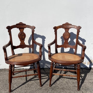 2 Antique Chairs Cane Armchairs Wood Carved Back Set Pair of Chairs Arts Crafts Mission Victorian Vintage Seating Bohemian Boho Chic 