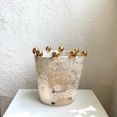 Speckled Stoneware Ceramic Vase with Gold Adorned Rim, Handmade Ceramic Vase, The Object Enthusiast, Ceramic Vase with Golden Ball Rim 
