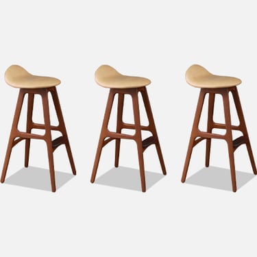 Danish Modern Teak & Tan Leather Bar Stools by Erik Buch 