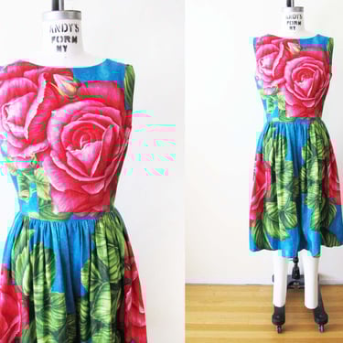 Vintage 60s Barkcloth Pink Rose Print Sundress M - 1960s Colorful Floral Print Sleeveless Bark Cloth Dress - Retro Rockabilly 