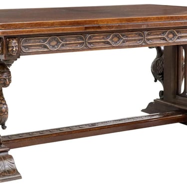 Antique Table, Draw Leaf, Renaissance Revival, Carved Oak, Grotesques, E. 1900s