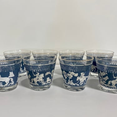 Set of 8 Vintage Bar Glasses with Blue Jasperware Designs 