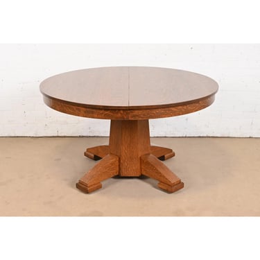 Stickley Brothers Style Antique Mission Oak Arts & Crafts Pedestal Extension Dining Table, Newly Refinished