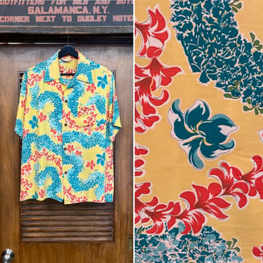 Vintage 1950’s Hula Flower Lei Tropical Tiki Rayon Hawaiian Shirt, 50’s Loop Collar, Vintage Clothing 