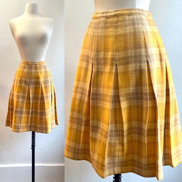 Vintage 60s PLAID Skirt / BOX PLEAT + Drop Waist / Yellow + Gold Tartan / Knee Length 