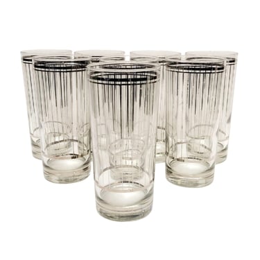 Set of 8 Vintage CULVER Silver Striped Highball Glasses, Signed Tall Coolers, Cocktail Glassware, Retro Barware 