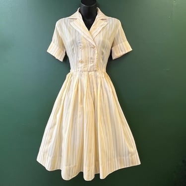 1950s striped day dress yellow and white stripe fit and flare frock medium 