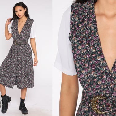 Floral V Neck Dress 80s Ditsy Floral Dress Deep Plunging Neckline Vintage Button Up Boho Midi 90s High Waist Bohemian Short Sleeve Medium 