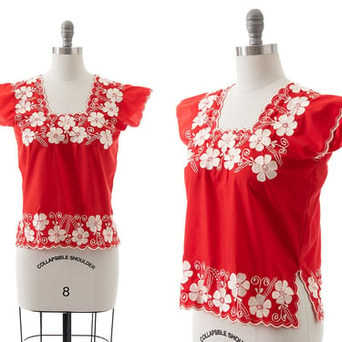 Vintage 1980s Top | 80s Floral Embroidered Red Cotton Summer Blouse (small/medium) 