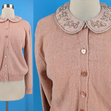 Vintage 90s Petite Sophisticate Large Pink Ramie Cotton Cardigan Sweater with Embellished Peter Pan Collar 