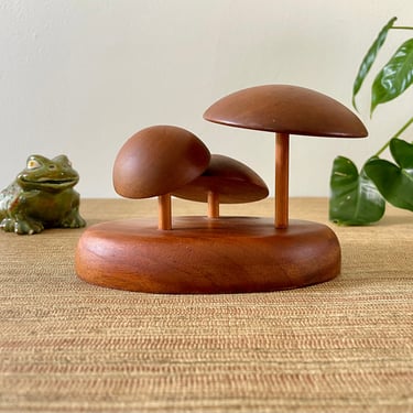 VIntage Wood Mushrooms - Teak Mushrooms - Three Hand Carved Mushrooms with Base - Bookshelf Decor - Macon Enterprises, Franklin NC 