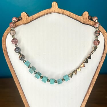 Crystal Choker Necklace Turquoise Rhodonite Brass Hearts Multi Gemstone Vintage 