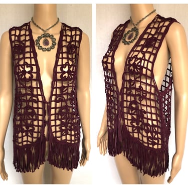 Vintage 90s Purple Cage Lattice Floral Fringe Vest - size Medium 