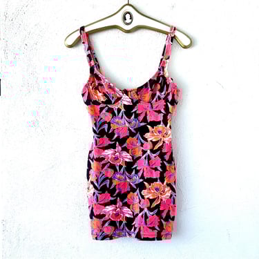 Vintage Hawaiian 80s Mini Dress Bright Neon Hawaii Floral Short Dress 