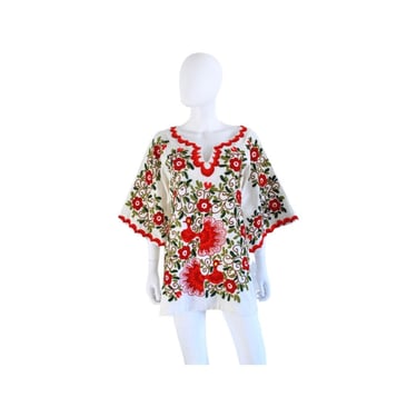 AMAZING Late 1960s Red & Green Embroidered Peasant Blouse - Angel Sleeve Blouse - Vintage Holiday Blouse - 1960s Womens Blouse | Size Large 