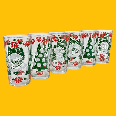 Vintage Hazel Atlas Christmas Glasses Retro 1960s Mid Century Modern + Merry Xmas/Happy New Year + Glass + Set of 6 + MCM Kitchen + December 