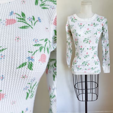 Vintage 1980s Floral Waffle Knit Thermal Top / XS (deadstock) 