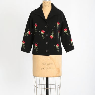 60s Italian black floral knit cardigan | Vintage 1960s Embroidered floral tulip cardigan 