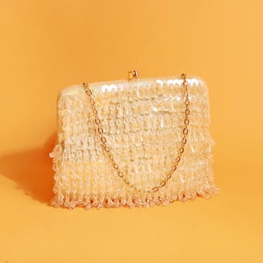 50s Light Pastel Yellow Chandelier Fringe Purse Vintage Beaded Gold Chain Sequin Hand Bag 