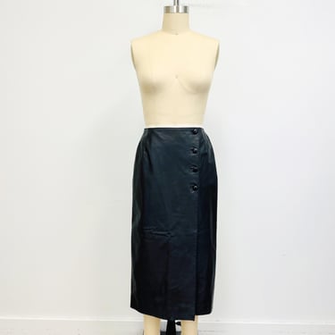 Vintage 80s 90s Black Leather Skirt | Authentic Leather Wrap Midi Skirt | Size 8 