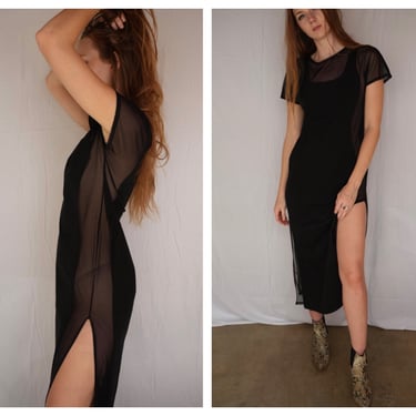 90s Body Con Dress / Stretchy See Through Sides Mesh / Black Long Midi Dress with High Side Slit / Nineties Beach Dress 
