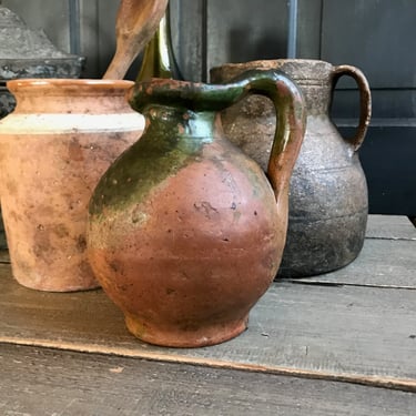 French Pottery Jug, Green Glazed Pitcher, Olive Oil, Terra Cotta, Rustic French Farmhouse, Farm Table 